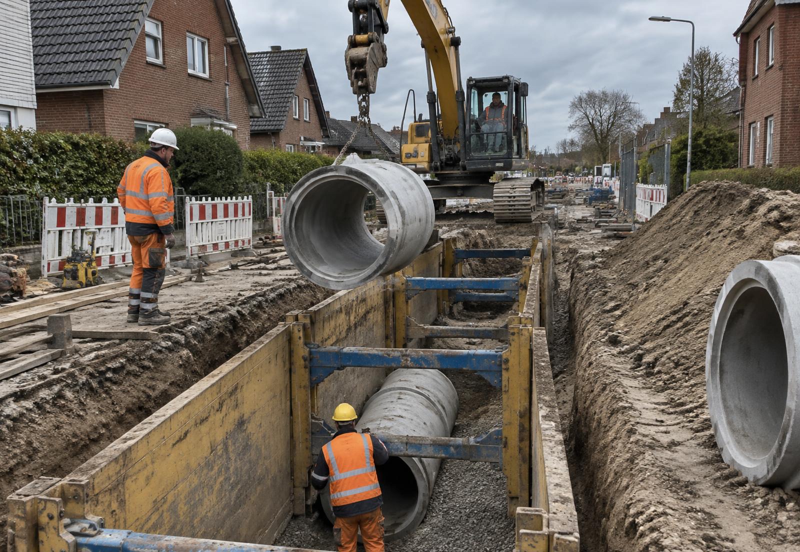 Kanalbaustelle mit Verbau und Betonrohren in einer Wohnstraße